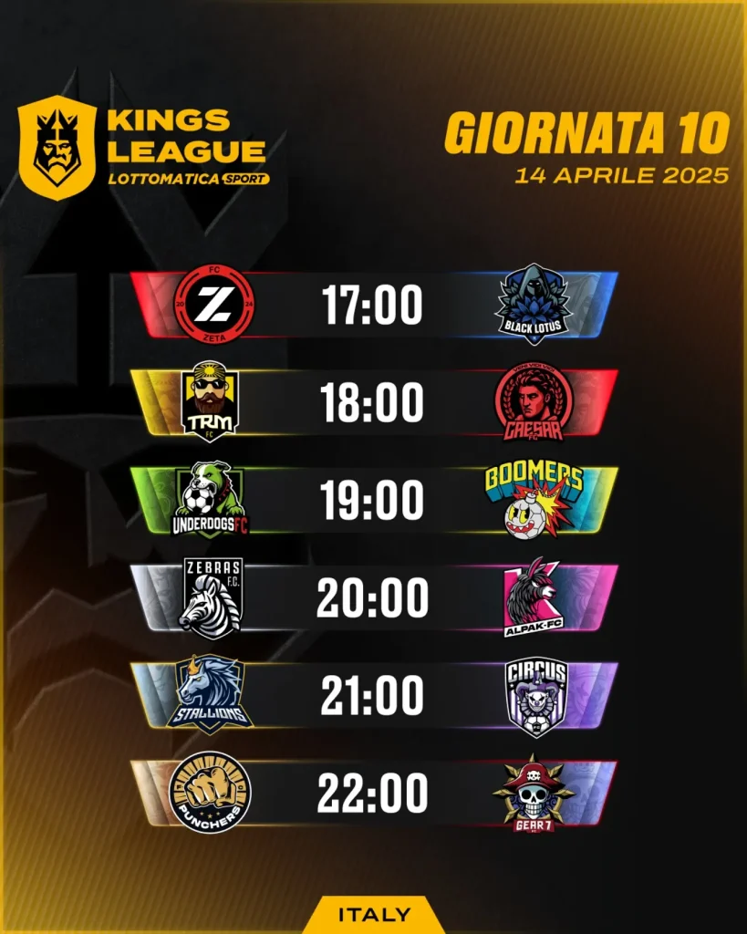 Kings League Italia, calendario decima giornata del 14 aprile 2025