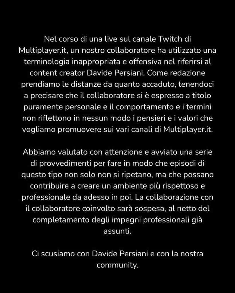 Il comunicato di Multiplayer sulla polemica Falconero sulla loro pagina Instagram