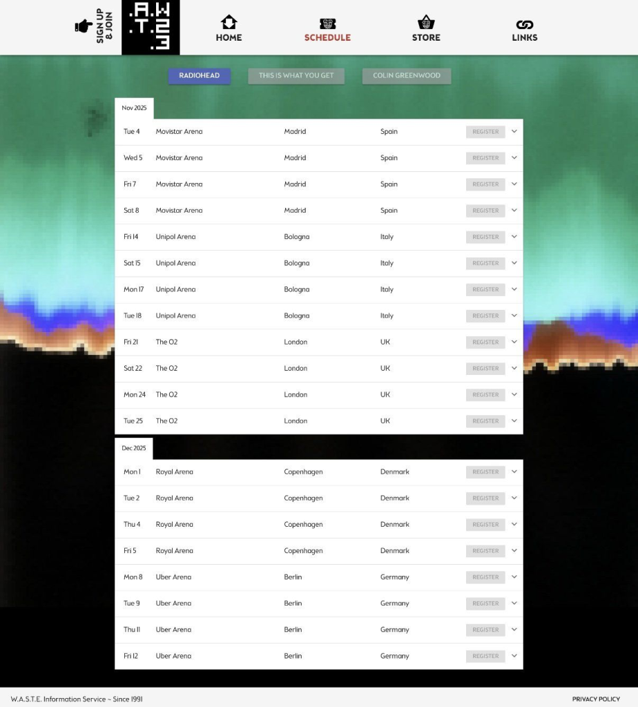 Screen dal sito web dei Radiohead per il tour 2025