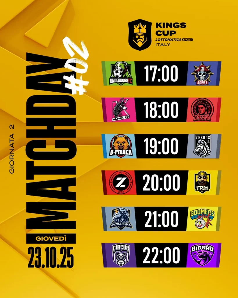 Kings League Italia, il calendario e i risultati della seconda giornata di Kings Cup