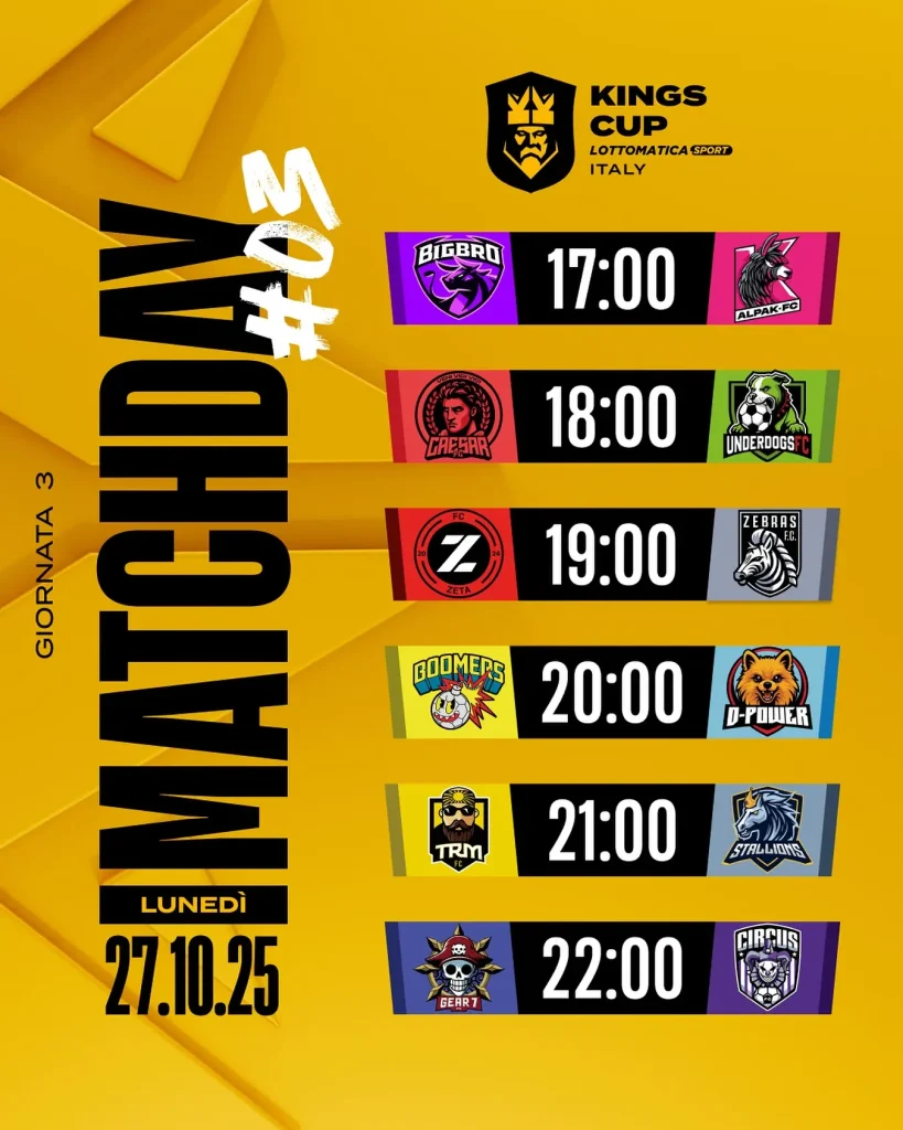 Kings League Italia, il calendario e i risultati della terza giornata di Kings Cup
