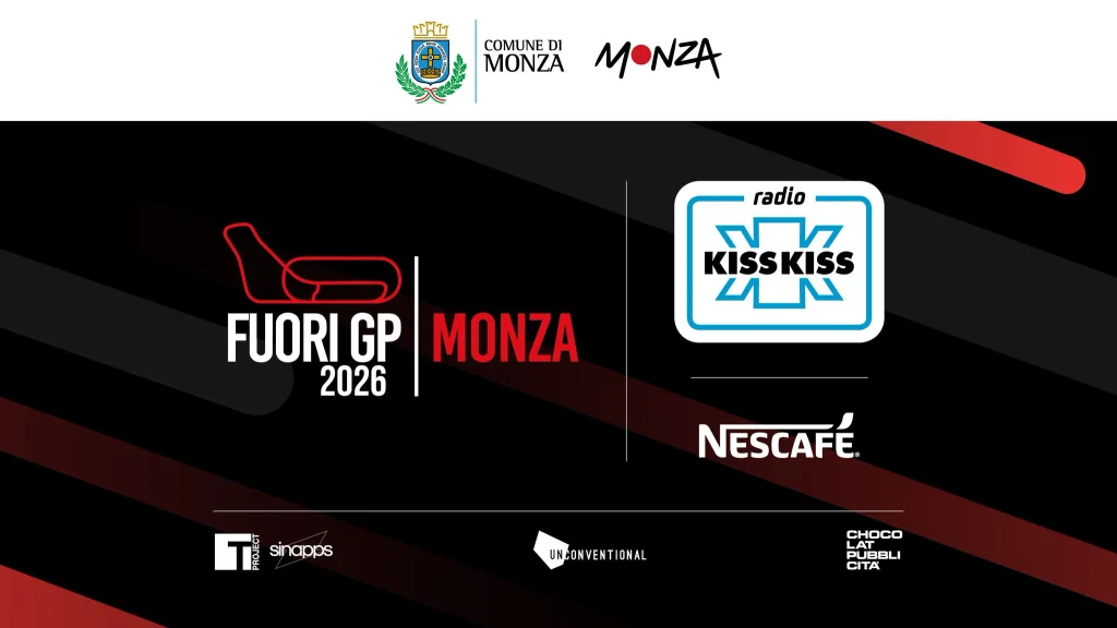 Logo ufficiale FuoriGP Monza 2026 con Radio Kiss Kiss, Comune di Monza e Nescafé